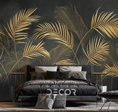 an elegant bedroom with gold palm leaves on the wall and black bedding, in front of a dark green background