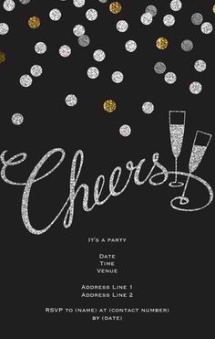 a black and white party card with silver glitter confetti on it, the word cheers written in cursive font