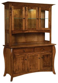 a wooden hutch with glass doors and drawers