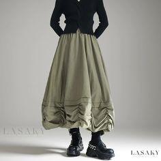 Lasaky - Designer Pleated Tulip Skirt with Loose Elastic Waist, Solid Color Umbrella Knee-length Skirt Baggy Spring Midi Skirt, Spring Baggy Lined Maxi Skirt, Spring Baggy Gathered Skirt, Green Tiered Skirt For Fall, Baggy Long Skirt For Fall, Baggy Long Gathered Skirt, Umbrella Skirt, Tulip Skirt, Mid Length Skirts