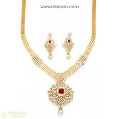 18K Gold Diamond Necklace & Earrings Set with South Sea Pearls & Color Stones - 235-DS754 - Buy this Latest Indian Gold Jewelry Design in 73.750 Grams for a low price of  $12,539.99 Traditional Yellow Gold Jewelry With Stones, Festive Diamond Necklace With Jewels, Elegant Diamond Necklaces For Festive Occasions, Festive Diamond Necklaces With Jewels, Festive Fine Jewelry Diamond Necklace, Elegant Festive Diamond Necklaces, Dazzling Jeweled Necklaces For Celebration, Gold Diamond Jewelry With Stones, Traditional Diamond Necklace With Stones