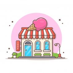 an ice cream shop with a heart on the roof and a pink circle behind it