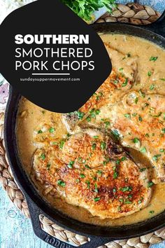 southern smothered pork chops in a skillet with parsley on the side