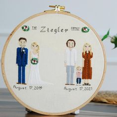 a cross stitch wedding portrait with the couple's names and date printed on it