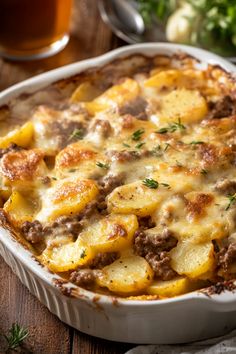 a casserole dish with potatoes and meat in it on a wooden table next to a glass of beer