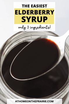 a spoon full of elderberry syrup on top of a jar with text overlay that reads, the easier elderberry syrup only 3 ingredients