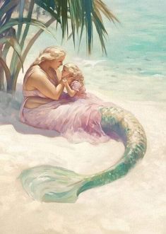 a painting of a mother and her child sitting on the beach under a palm tree