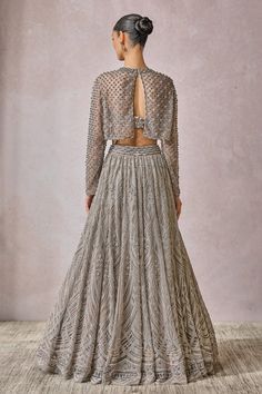 Buy Silver Bustier Silk Dupion Embroidery Swarovski Checkered Top Lehenga Set For Women by Tarun Tahiliani Online at Aza Fashions in CA