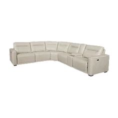 a white leather sectional sofa with recliners on the bottom and one arm extended