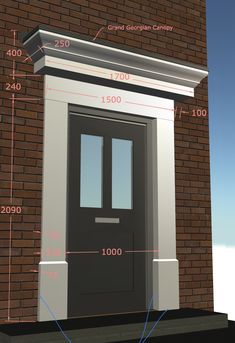 the measurements for a front door are shown in this image, with bricks and white trim