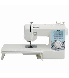 the brother sewing machine is white and has a blue flower design on it's side