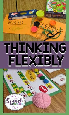 the words thinking flexibility are displayed on top of a board game and next to it is an image of a brain