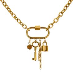 Unlock a whole new level of style with our Golden Key Lock Charm Pendant Necklace. The intricate design of the golden key and lock exudes elegance and sophistication. Elevate any outfit with this luxurious accessory that is sure to turn heads. A must-have in your collection. Gender: WOMEN Item Type: Necklace, Pendant Necklace Material: STAINLESS STEEL, Gem Stone Electroplate: Real Gold Plated Shape\pattern: Geometric, Locks Chain And Lock Necklace, Lock Pendant Necklaces, Gold Key Pendant, Key Pendant Necklace Gold, Gold Lock And Key Necklace, قلادات متدلية, Golden Key, Key Pendant Necklace, Vintage Key