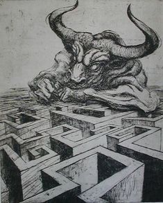 a black and white drawing of a bull in the middle of mazes