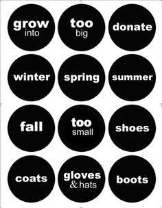 black and white buttons with words that say winter, spring, fall, boots, snow