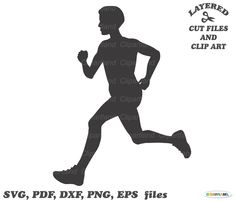 the silhouette of a running man with text that reads layered cut files and clip art svg, dxf, png, eps