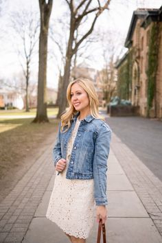 Dress With Denim Jacket Dress With Loafers, Dress With Denim Jacket, Summer To Fall Transition Outfits, Cream Floral Dress, Denim Jacket Outfit, Fall Transition Outfits, Monochrome Outfit, Slip Skirts, Transition Outfits