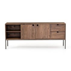 the sideboard is made from wood and has two drawers, one with three open compartments