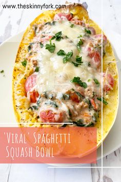 a close up of a plate of food with the words virtual spaghetti squash bowl on it