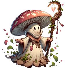 a cartoon character holding a stick and mushroom