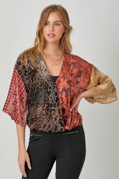 Mixed print burn out velvet top with wrap front and half bell sleeves. Beautiful colors! Jean Jacket Vest, Velvet Top, Curvy Jeans, Burn Out, Kimono Cardigan, Velvet Tops, Romper With Skirt, Mixing Prints, S Models