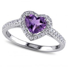 Heart Shaped Amethyst & Diamond Halo Engagement Ring 14k White Gold 1.50ct Purple Heart Diamond Ring, Purple Heart Engagement Ring, Purple Heart Ring, Purple Ring, Amethyst Wedding Rings, Heart Shaped Engagement Rings, Cute Promise Rings, Amethyst Ring Engagement, Purple Rings