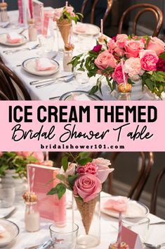 an ice cream themed bridal shower table with pink flowers and napkins on it