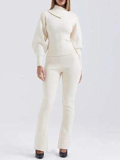 Washing instructions: Hand Wash Composition: Polyester, Natural Fiber, Spandex Designer Style ID: FP12457926 Sweater Two Piece Set, Lantern Sleeve Sweater, Top And Pants Set, Long Sleeve Pullover Sweater, Ankle Length Pants, Sweater Set, Chic Woman, Knit Set, Cozy Knits