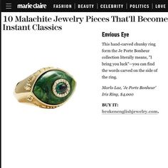 Green with Envy  thank you @marieclairemag !! @marlolazjewelry Je Porte Bonheur Iris Ring now available at @brokenenglishjewelry ✨ #luxcartel #marlolaz #marieclaire #brokenenglish Iris Ring, Broken English, Malachite Jewelry, Green With Envy, Chunky Rings, 7k Followers, Marie Claire, Jewelry Pieces