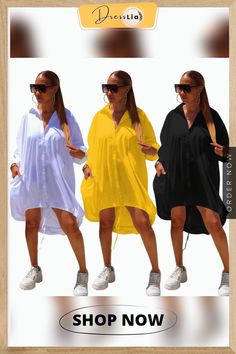 Solid-color Long Sleeve Loose Fitting Knotted Shirt Dress Casual Solid Color Shirt Dress For Summer, Summer Collared Shirt Dress In Solid Color, Black Collared Shirt Dress For Summer, Collared Solid Color Shirt Dress For Beach, Collared Shirt Dress For Beach, Summer Daywear Solid Color Shirt Dress, Trendy Collared Shirt Dress For Summer, Oversized Mini Length Shirt Dress For Summer, Oversized Mini Shirt Dress For Summer