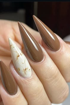 Brown Acrylic Nails, Long Stiletto Nails, Nagel Tips, Easy Nails, Almond Acrylic Nails, Brown Nails, Stick On Nails, Nail Accessories, Long Acrylic Nails