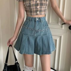 High Waist Pleated Mini Denim Skirt – Nada Outfit Land Pleated Skirt Blue, Kawaii Skirt, Feminine Outfits, Stylish Crop Top, Perfect Denim, Short Denim Skirt, Y2k Aesthetic Outfits, Pleated Skirts, Skirt Women