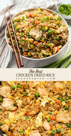 chicken fried rice in a pan with chopsticks on the side and another plate full of food