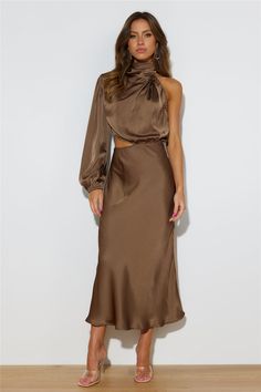 Won Over Midi Dress Brown Halter Maxi Dresses, Wedding Guests, Flowy Skirt