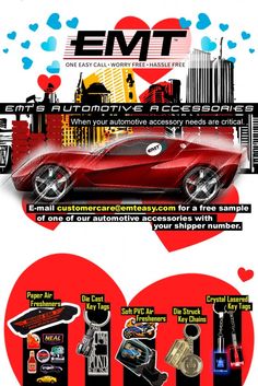 an advertisement for the emt automotive accessories company, with images of cars and trucks