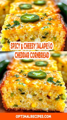 two pictures showing how to make spicy and cheesy jalapeno cheddar cornbread