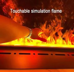 a person is touching a flame in front of a screen with the words touchable simulation flame