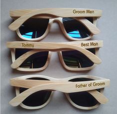 personalized   wooden sunglasses with  engraved  text or logo.real natural bamboo sunglasses . with your own logo on it natural wooden sunglasses with three colors lens. blue ,grey and green. we make this natural wood sunglasses  ,real solid wood sunglasses  this real natural bamboo custom sunglasses is popular in groom men gifts best man and wedding party. to make your wedding much more memorable  ,you have this  practical gifts  of real wooden sunglasses   ,you can have your names and wedding date on it . graduation party new year  party birthday party will be great hit with this custom woodensunglasses. we can print or laser engrave this wooden sunglasses in good price. shipping :we can ship them within 2 to 3 days and you will have them . we can ship them to europe , united states ,uni Bridesmaid Sunglasses, Bamboo Sunglasses, Custom Sunglasses, Logo Real, Wood Sunglasses, Wooden Sunglasses, Men Gifts, Groomsmen Gift, Color Lenses