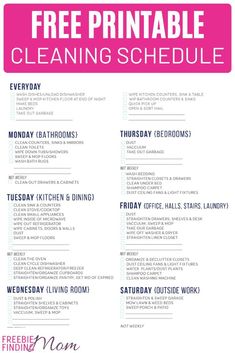 the free printable cleaning schedule is shown in pink and blue with white lettering on it