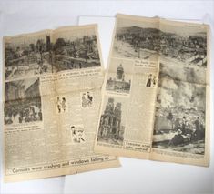 three old newspapers with pictures of buildings and people in the middle one is black and white