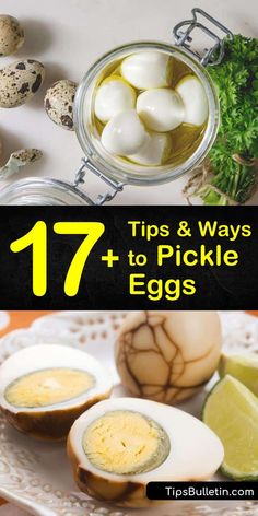 eggs and quails on a plate with text overlay that reads 17 tips & ways to pickle eggs