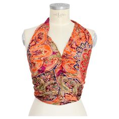 Max Mara elegant shirt top 2000s. Transparent under jacket, orange, red and blue with paisley and floral pattern. American neckline, sleeveless, adjustable waist fastening. 70% viscose, 30% silk fabric. Made in italy. Size: 46 It 12 Us 14 Uk Bust/Chest: 47 cm Length: 60 cm Orange And Blue Clothes, Outfit References, Evening Tops, Strapless Tops, Elegant Shirt, Fashion Aesthetic, Max Mara, Shirt Top, Orange Red