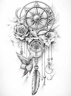 a drawing of a dream catcher with roses and feathers on the side, in black and white