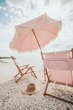 two chairs and an umbrella on the beach