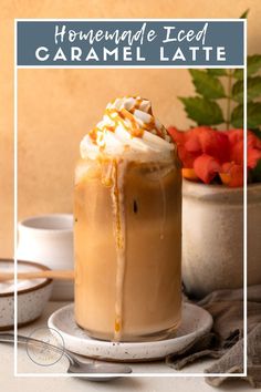 homemade iced caramel latte with whipped cream