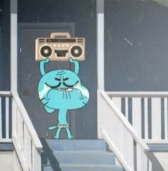 a blue cartoon character with a boombox on his head and hands up in the air