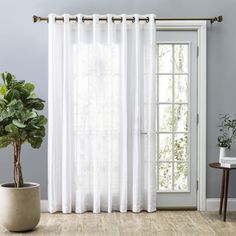 a living room with white curtains and a potted plant