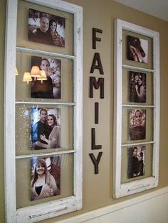 family pictures are hung on the wall behind windows