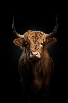 a brown cow with horns standing in the dark