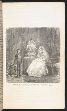 an open book with a drawing of a man and woman in formal dress looking at each other